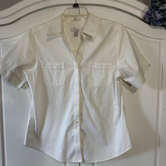 Chico's White Camp Shirt, No Iron Cotton, Size Medium - Picture 1 of 9